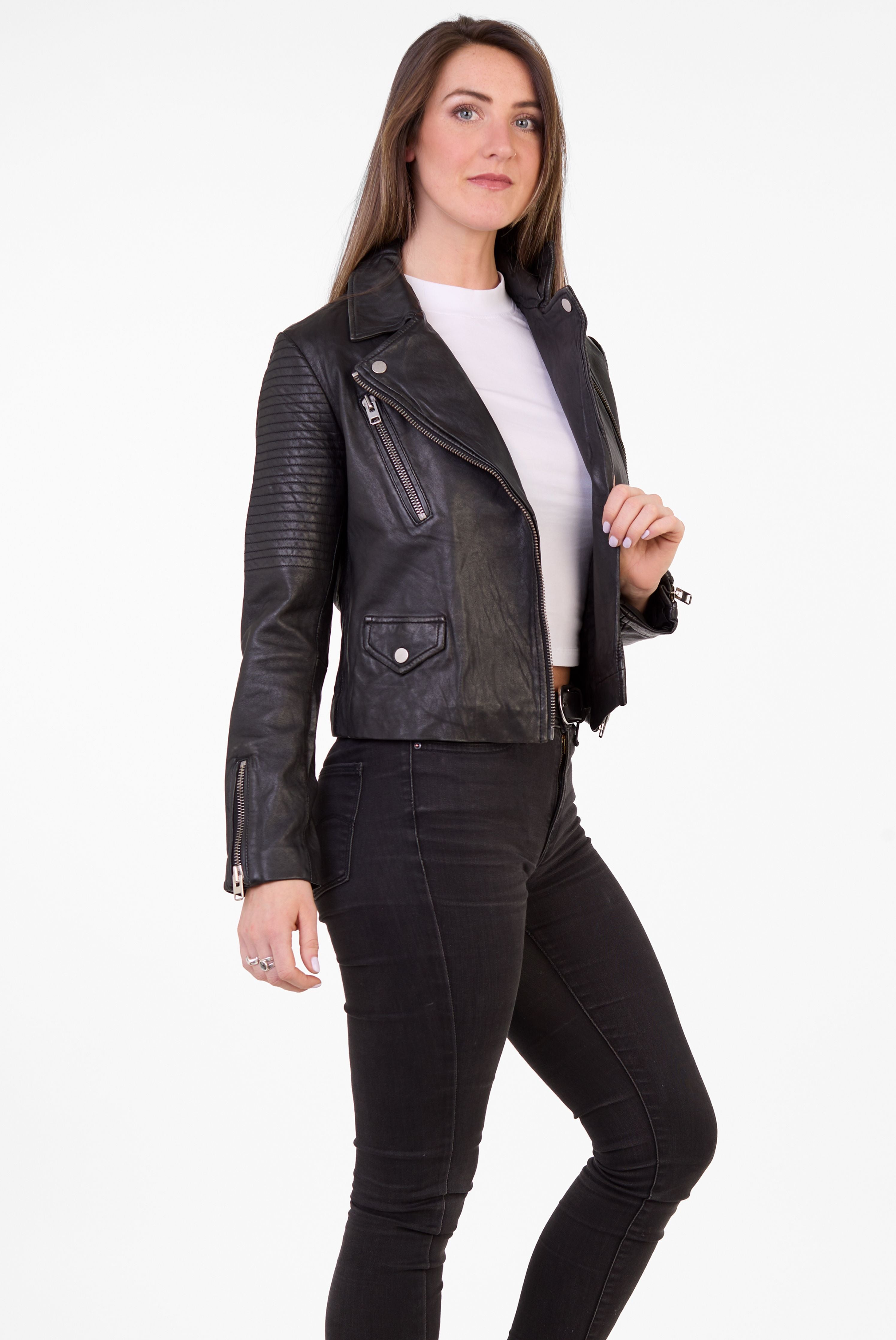 Pelle D’annata Patago Real Leather Biker Jacket in Black RRP £279
