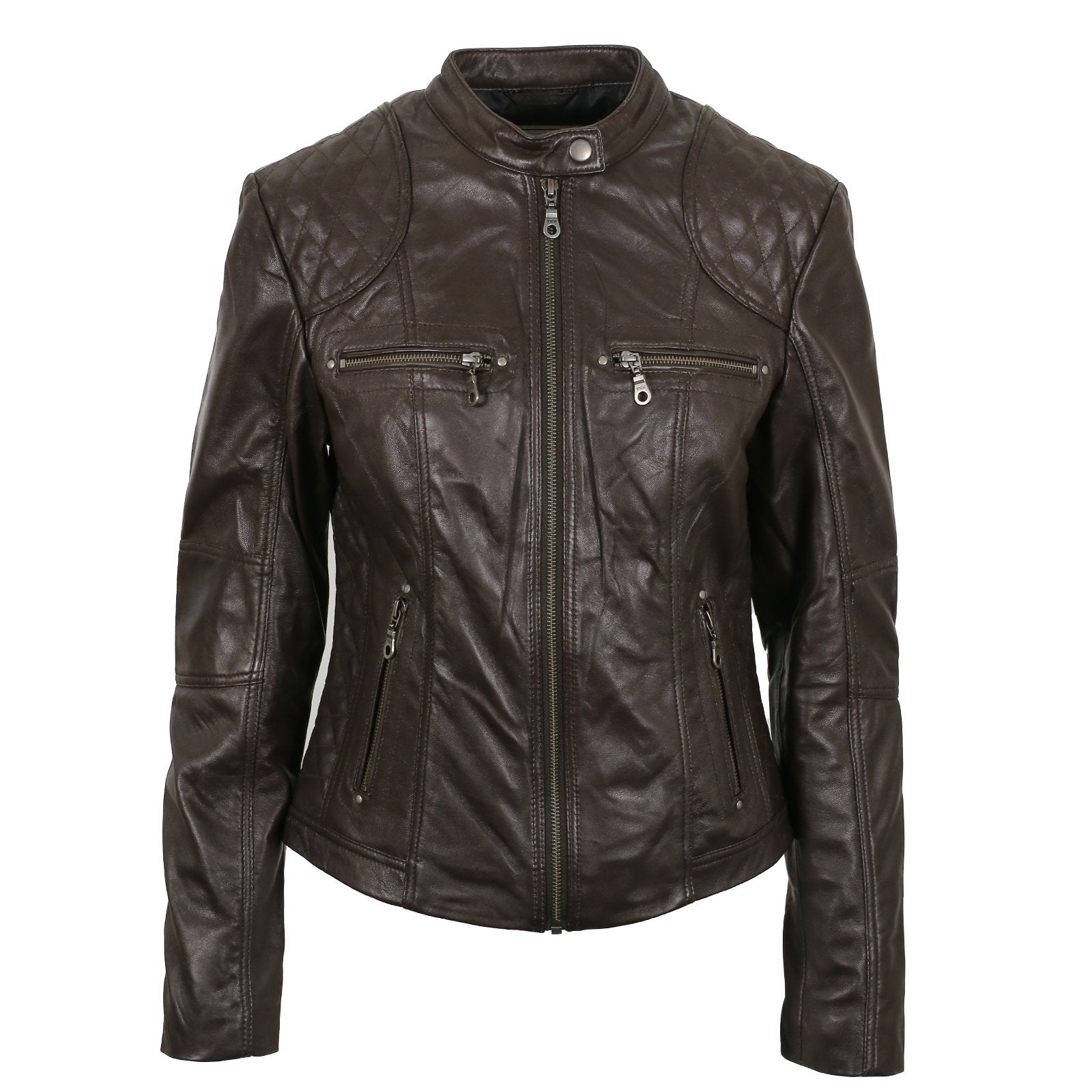 Pelle D’annata Ladies Real Leather Biker Jacket in Dark Brown RRP £279
