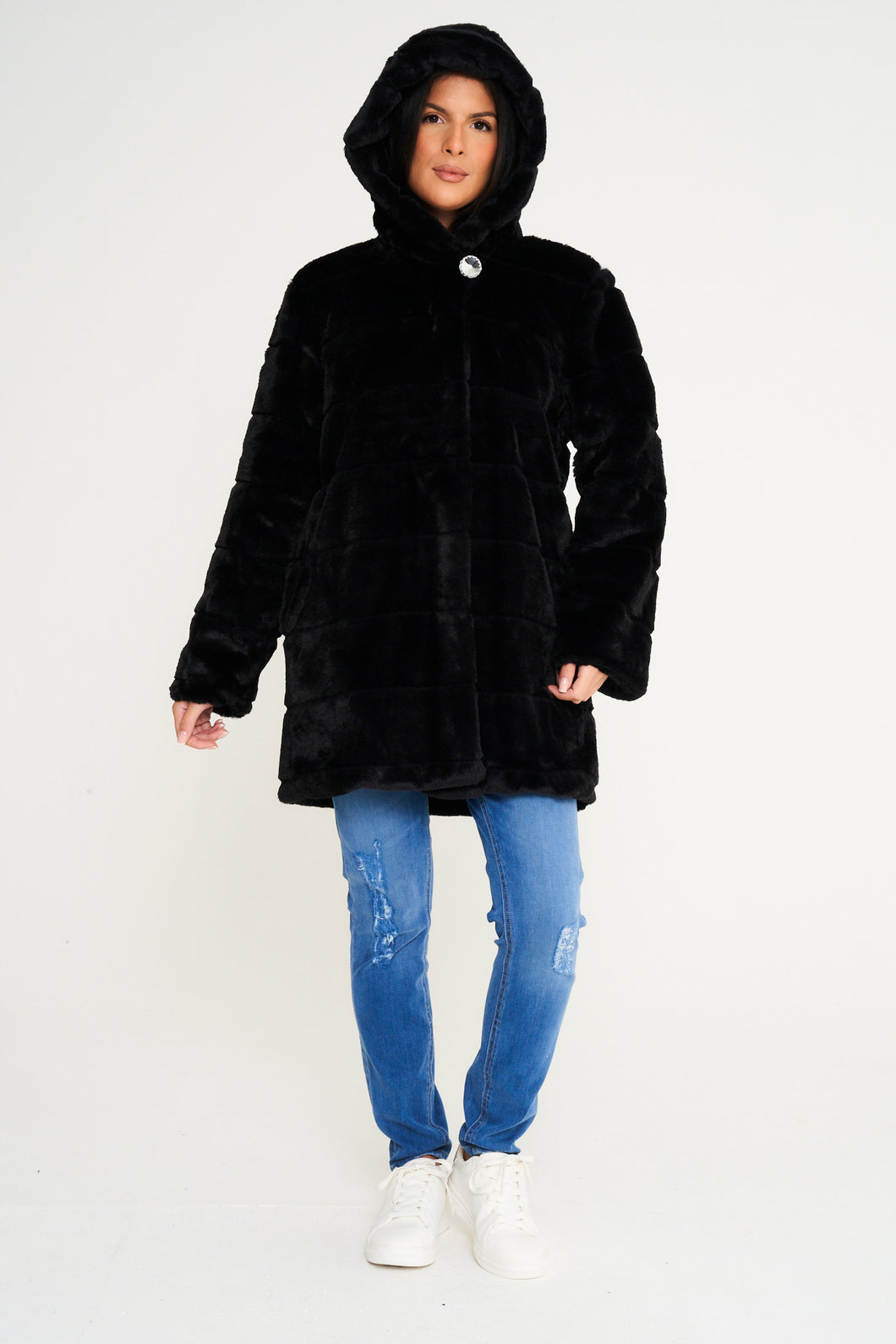 Elle Ladies hooded Faux Fur Coat in Black RRP £229