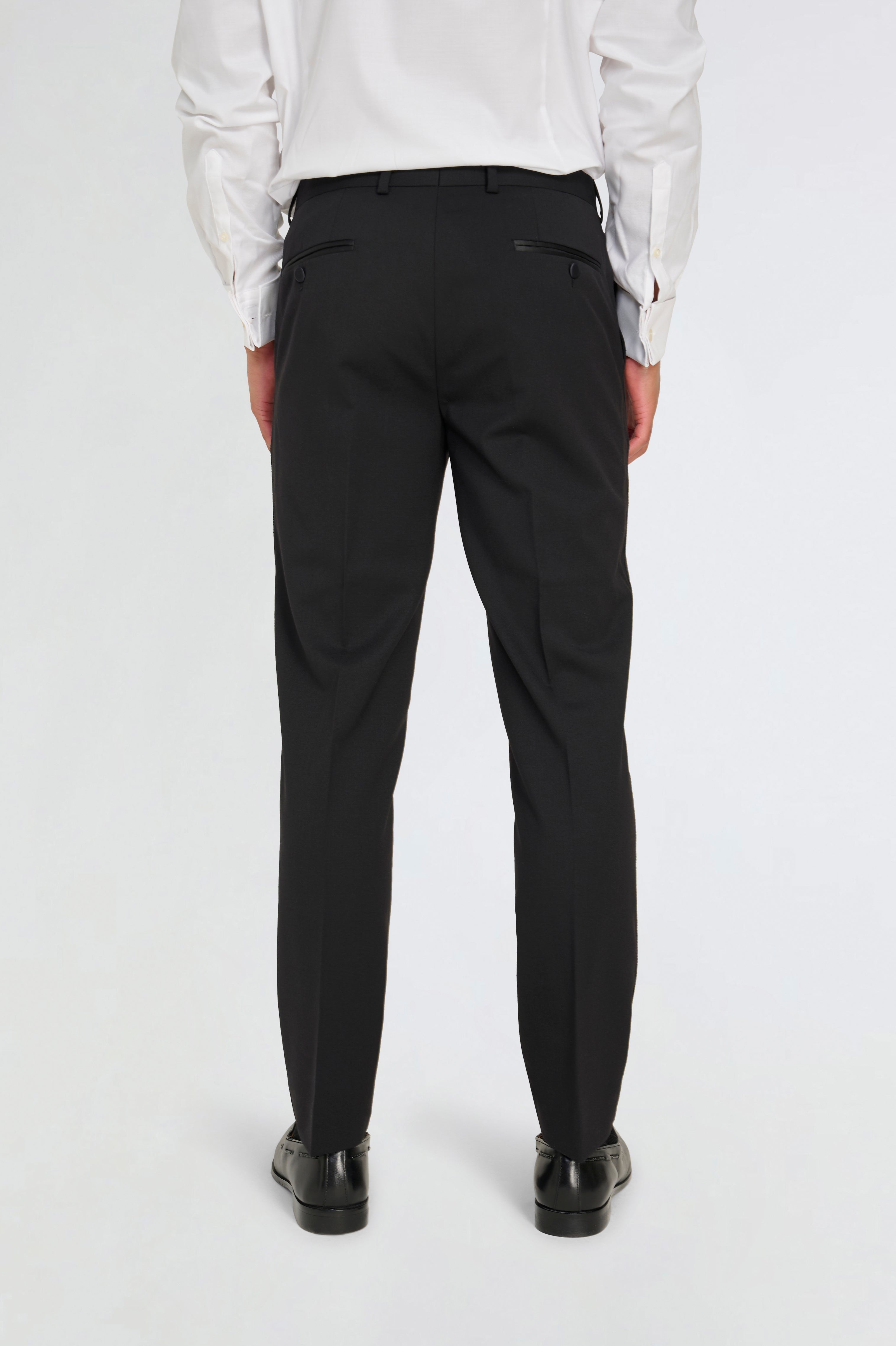 Leo Tuxedo Dinner Trousers with Satin Stripe Detail in Black RRP £89