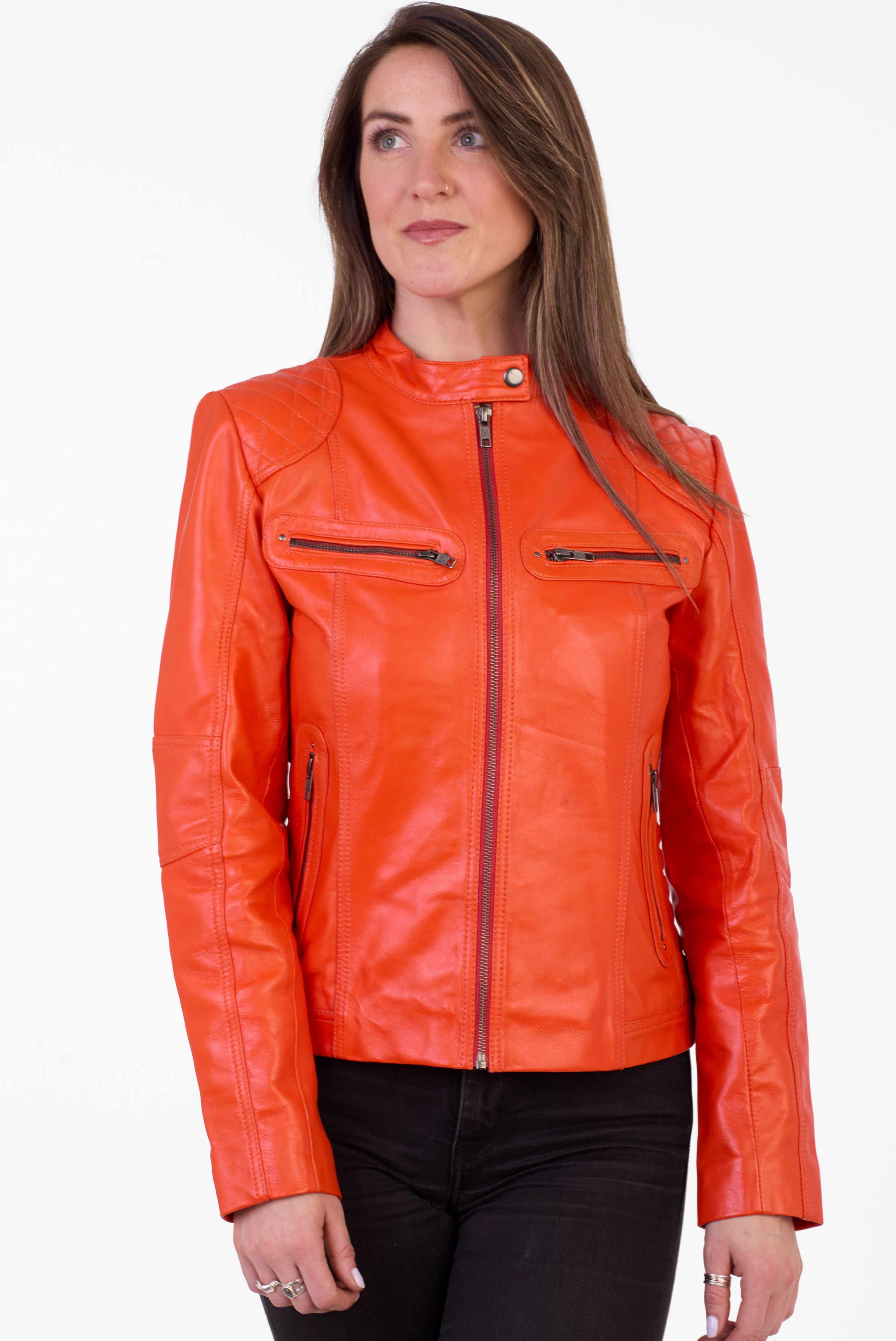 Pelle D’annata Ladies Real Leather Biker Jacket in Orange RRP £279