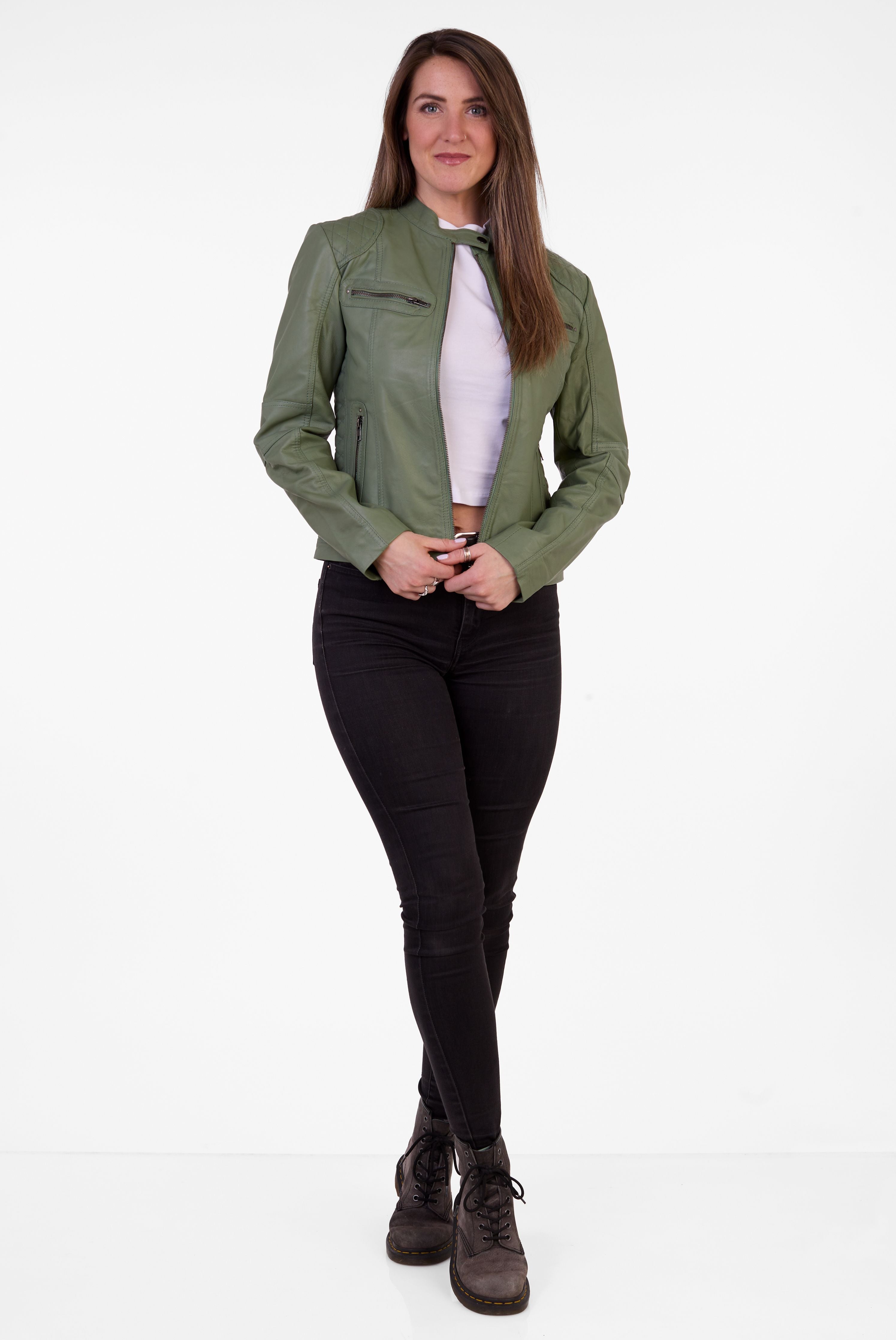 Pelle D’annata Ladies Real Leather Biker Jacket in Ocean Green RRP £279