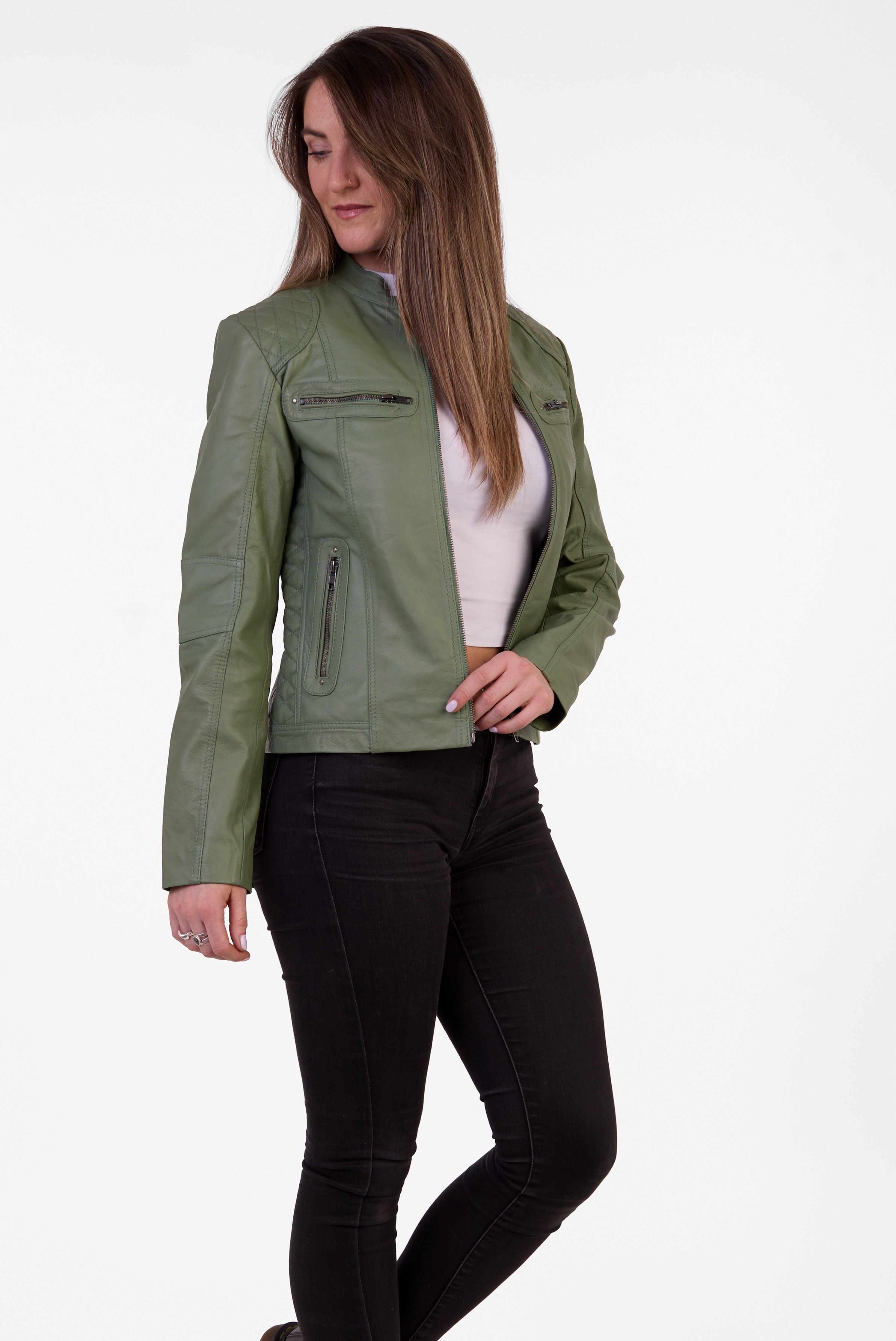 Pelle D’annata Ladies Real Leather Biker Jacket in Ocean Green RRP £279