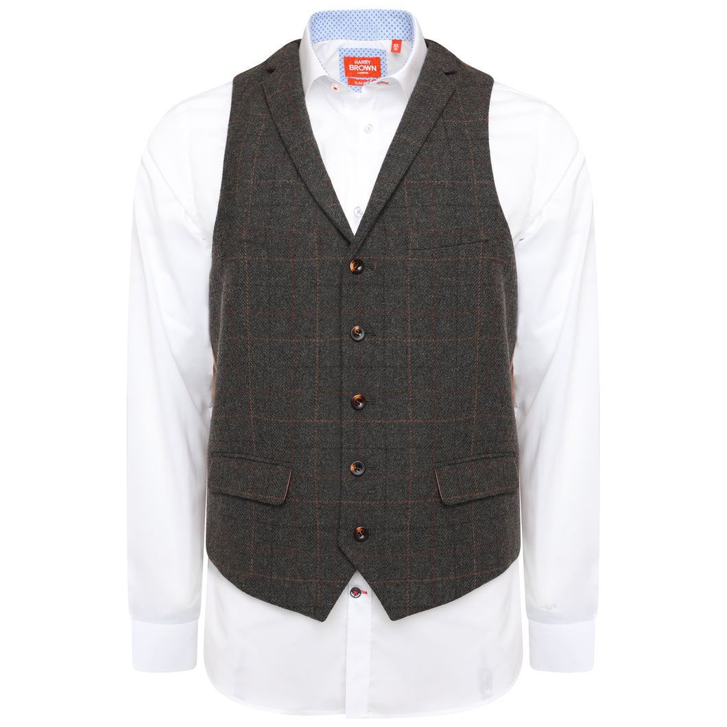 Harry Brown Brown Check Wool Blend Waistcoat
