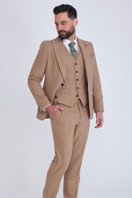Load image into Gallery viewer, Ralph Wool Tweed Three Piece Slim Fit Suit in Biscuit RRP £299
