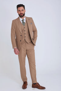 Ralph Wool Tweed Three Piece Slim Fit Suit in Biscuit RRP £299