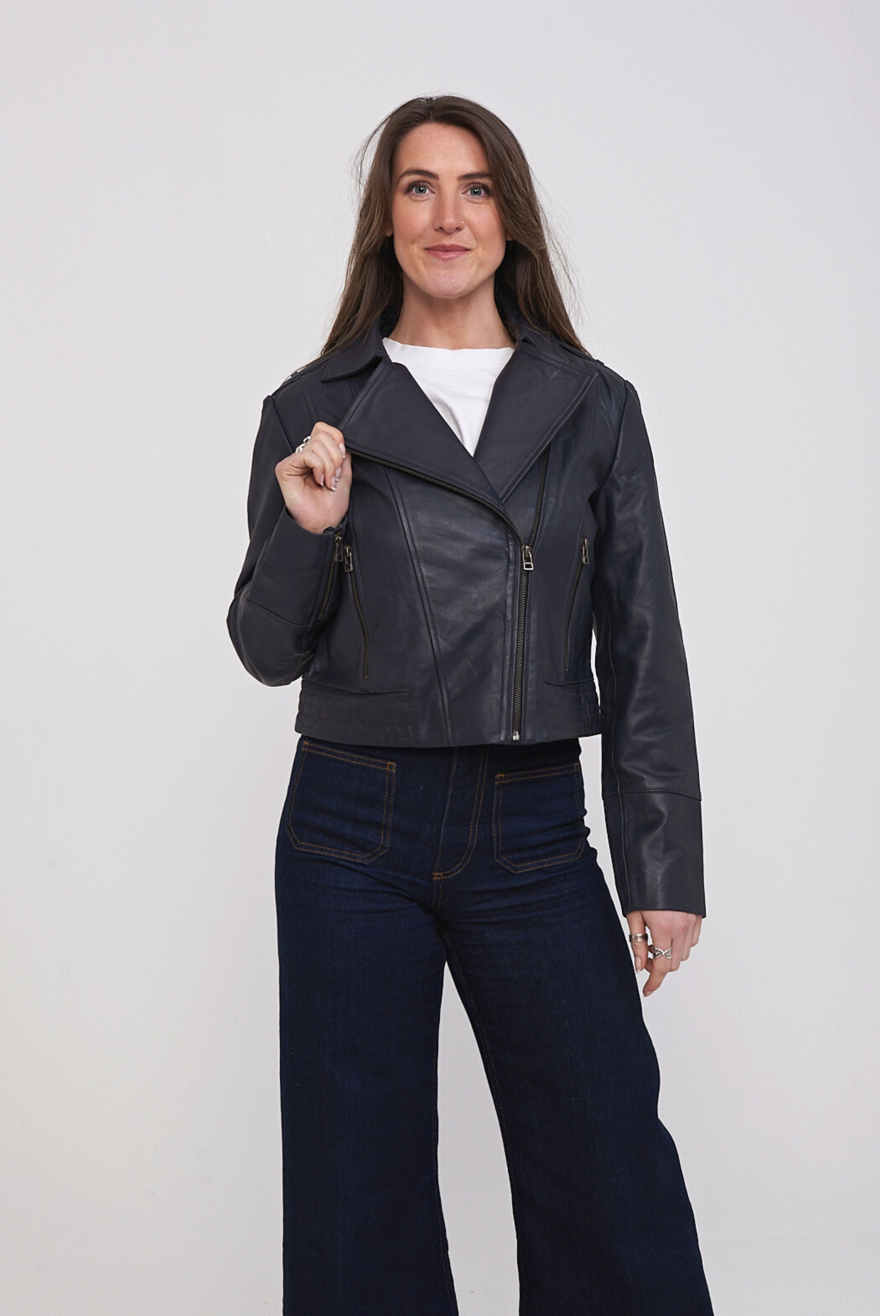 Elle Armin Leather Biker Jacket in Blue RRP £299