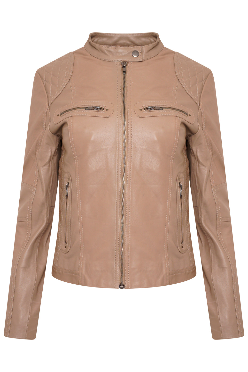 Pelle D’annata Ladies Real Leather Biker Jacket in Light Taupe RRP £279