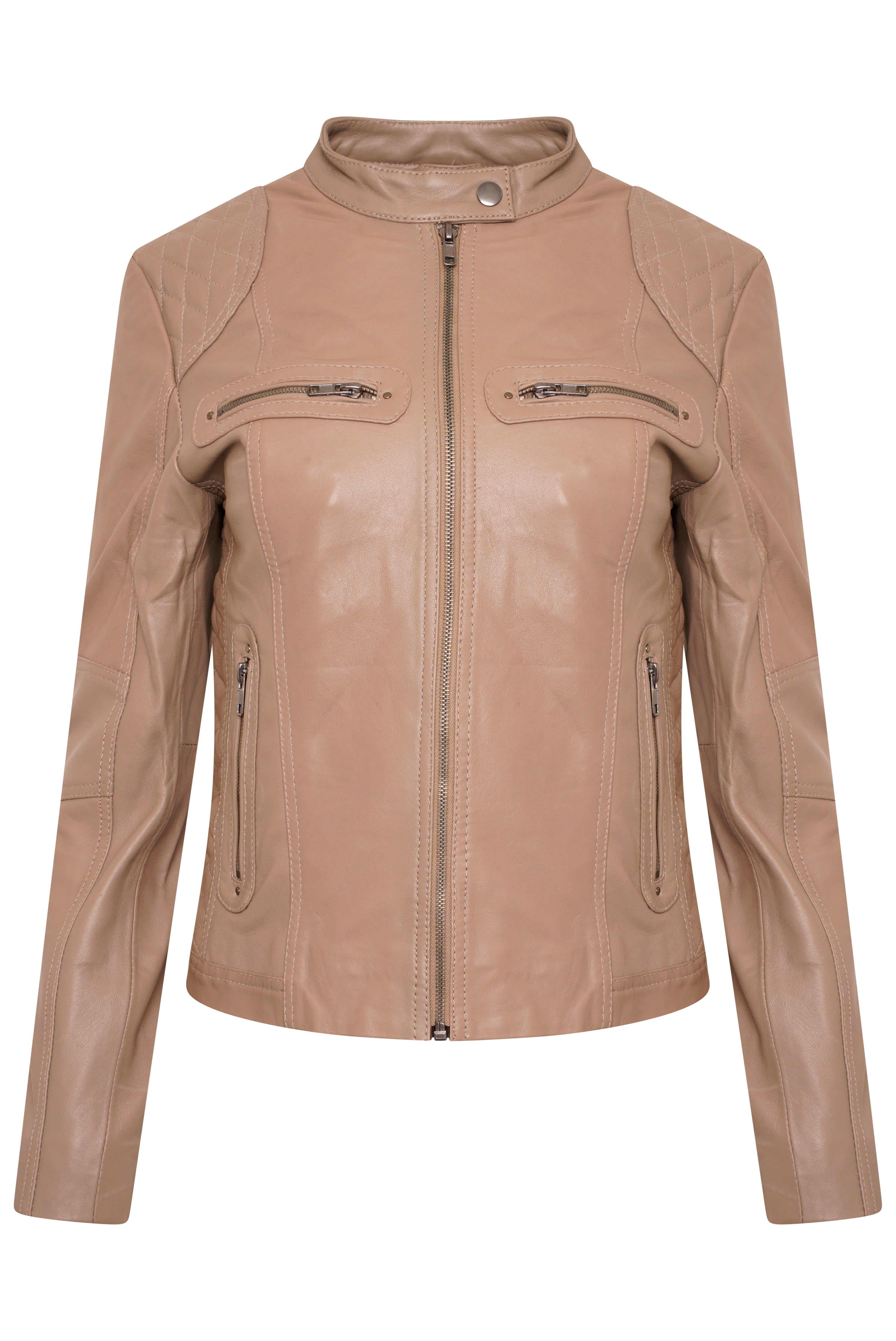 Pelle D’annata Ladies Real Leather Biker Jacket in Light Taupe RRP £279