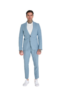 Chris Slim Fit Linen Cotton Blend Suit Smart Trousers in Pastel Blue RRP £89