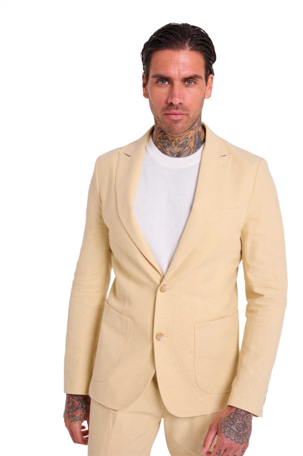 Chris Slim Fit Linen Cotton Blend Single Breasted Suit Blazer in Yellow RRP £159