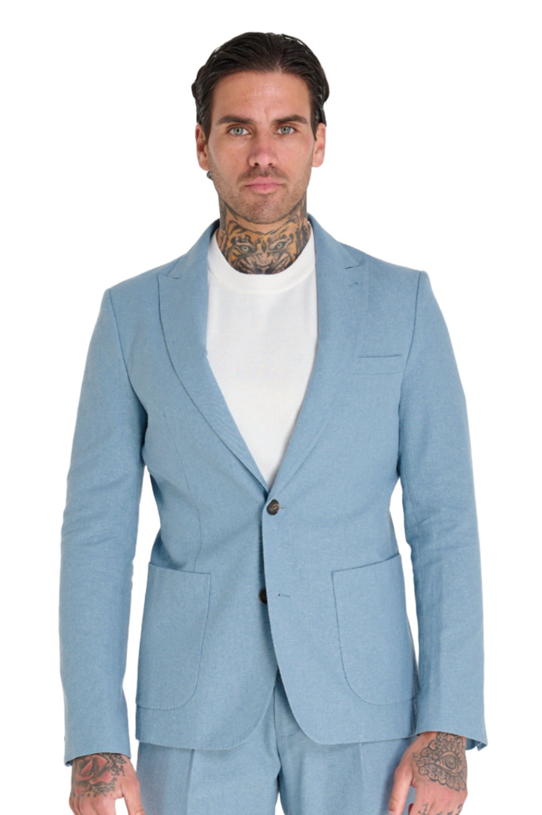 Chris Slim Fit Linen Cotton Blend Single Breasted Suit Blazer in Pastel Blue RRP £159