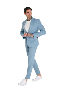 Chris Slim Fit Linen Cotton Blend Single Breasted Suit Blazer in Pastel Blue RRP £159