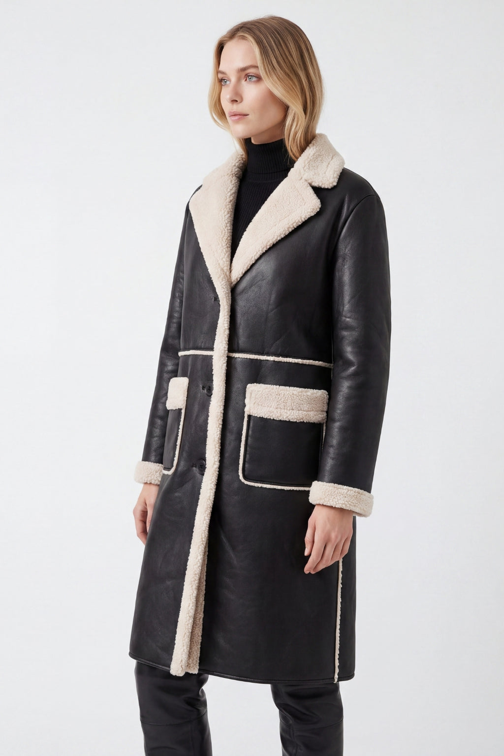 Elle Avery Longline Faux-Shearling Coat Black RRP £349