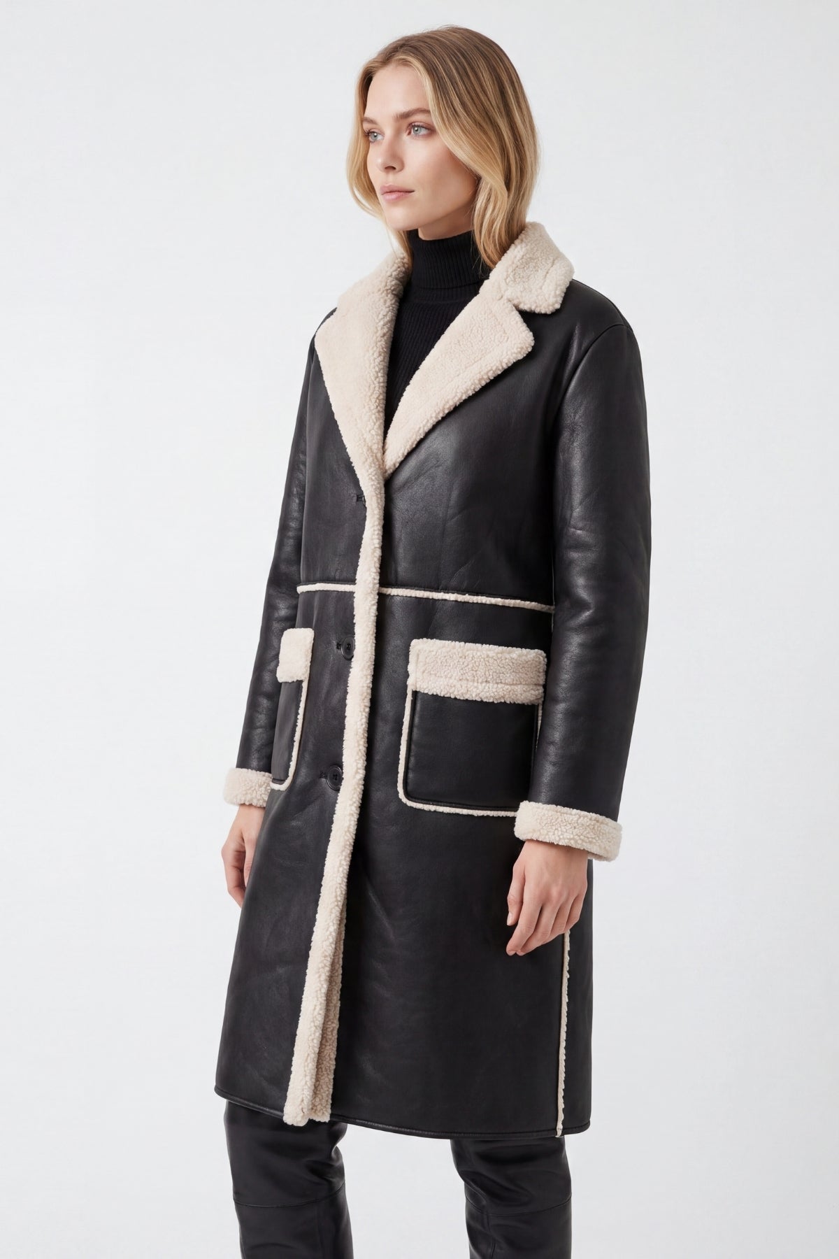 Elle Avery Longline Faux-Shearling Coat Black RRP £349