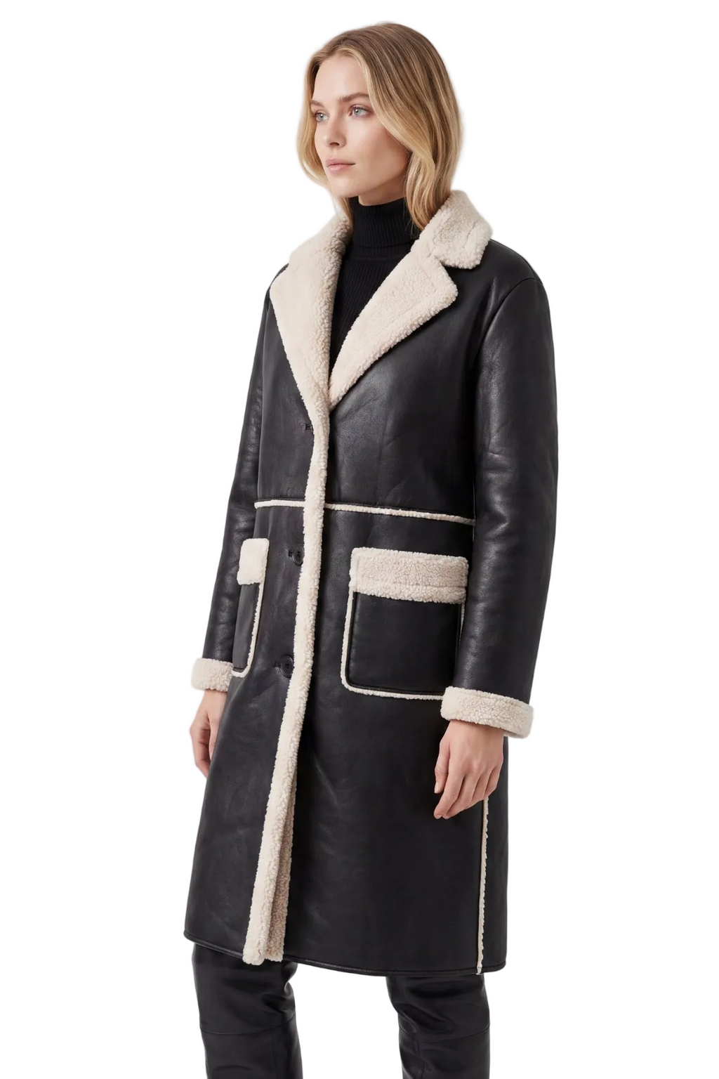 Elle Avery Longline Faux-Shearling Coat Black RRP £349
