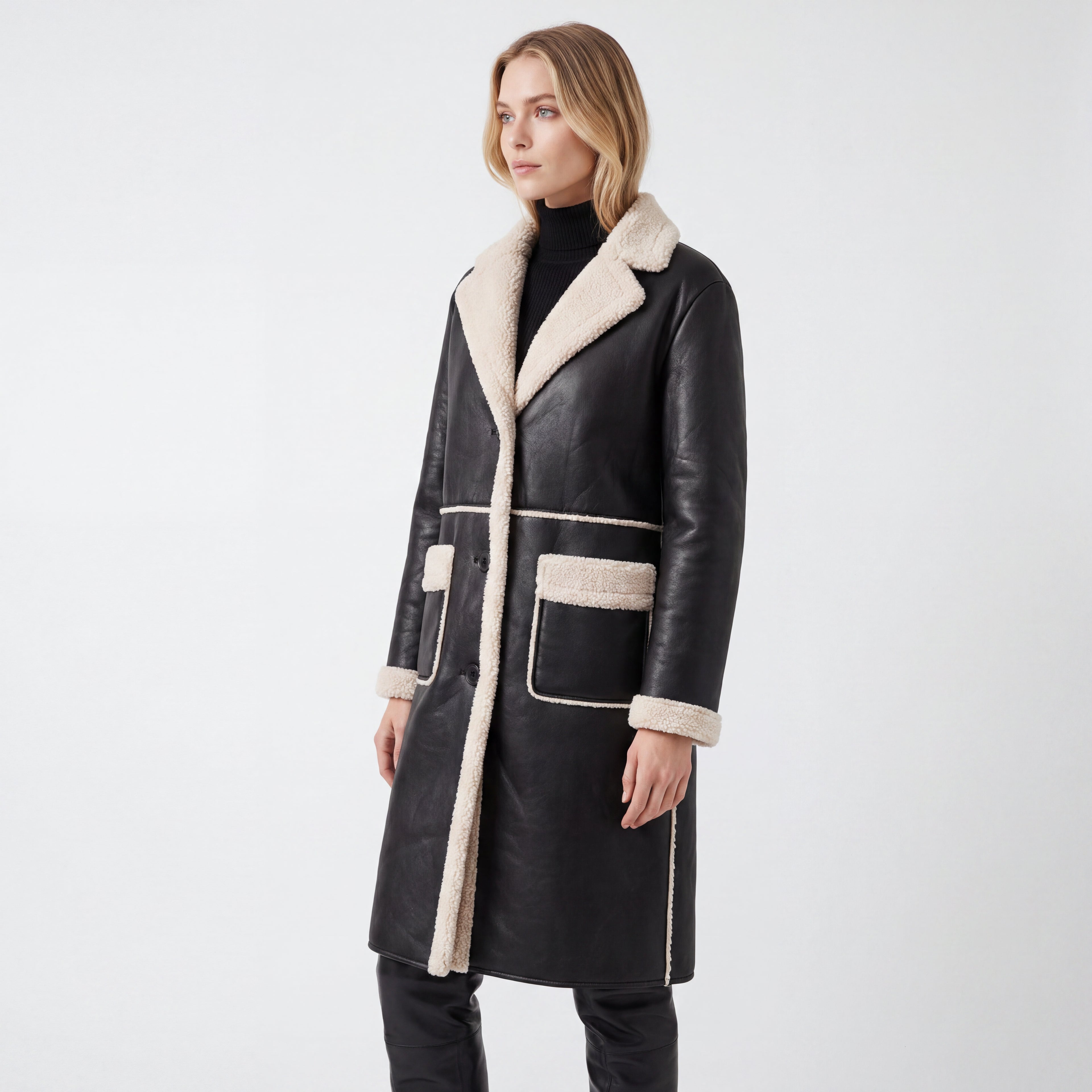 Elle Avery Longline Faux-Shearling Coat Black RRP £349