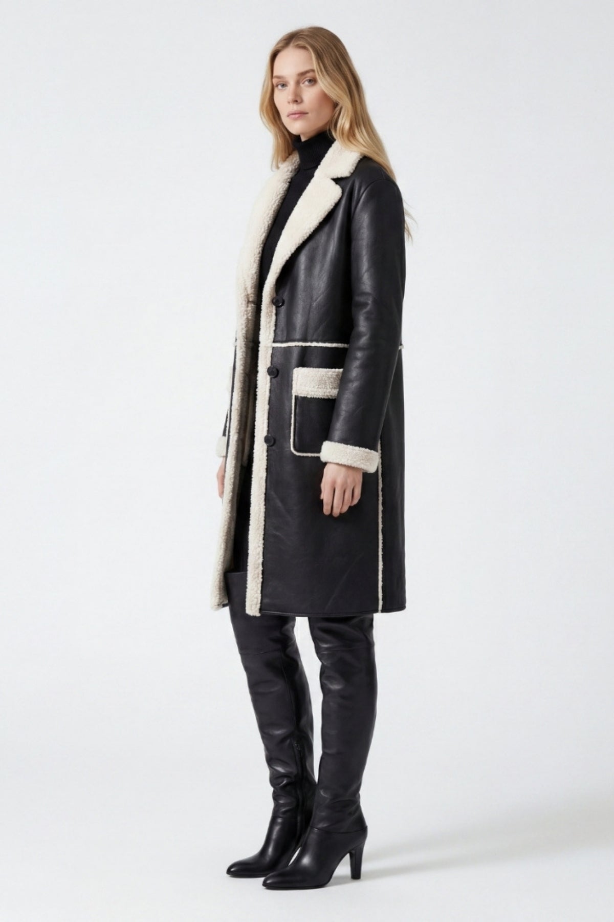 Elle Avery Longline Faux-Shearling Coat Black RRP £349