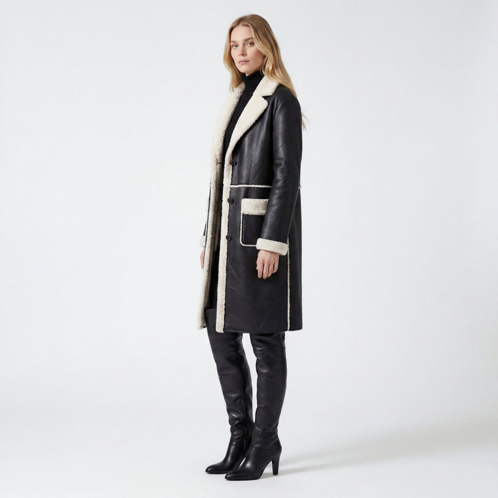 Elle Avery Longline Faux-Shearling Coat Black RRP £349