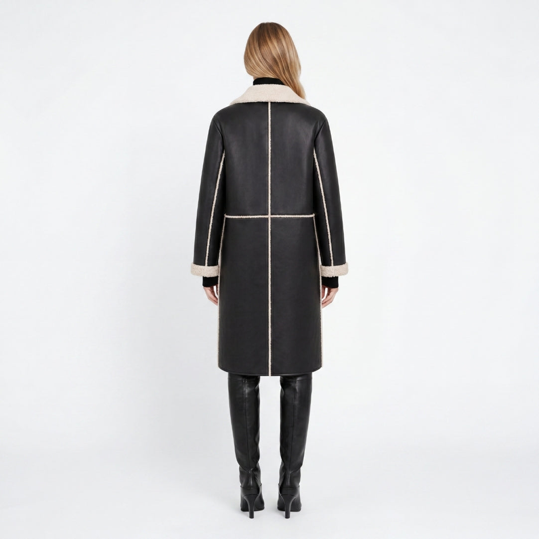 Elle Avery Longline Faux-Shearling Coat Black RRP £349