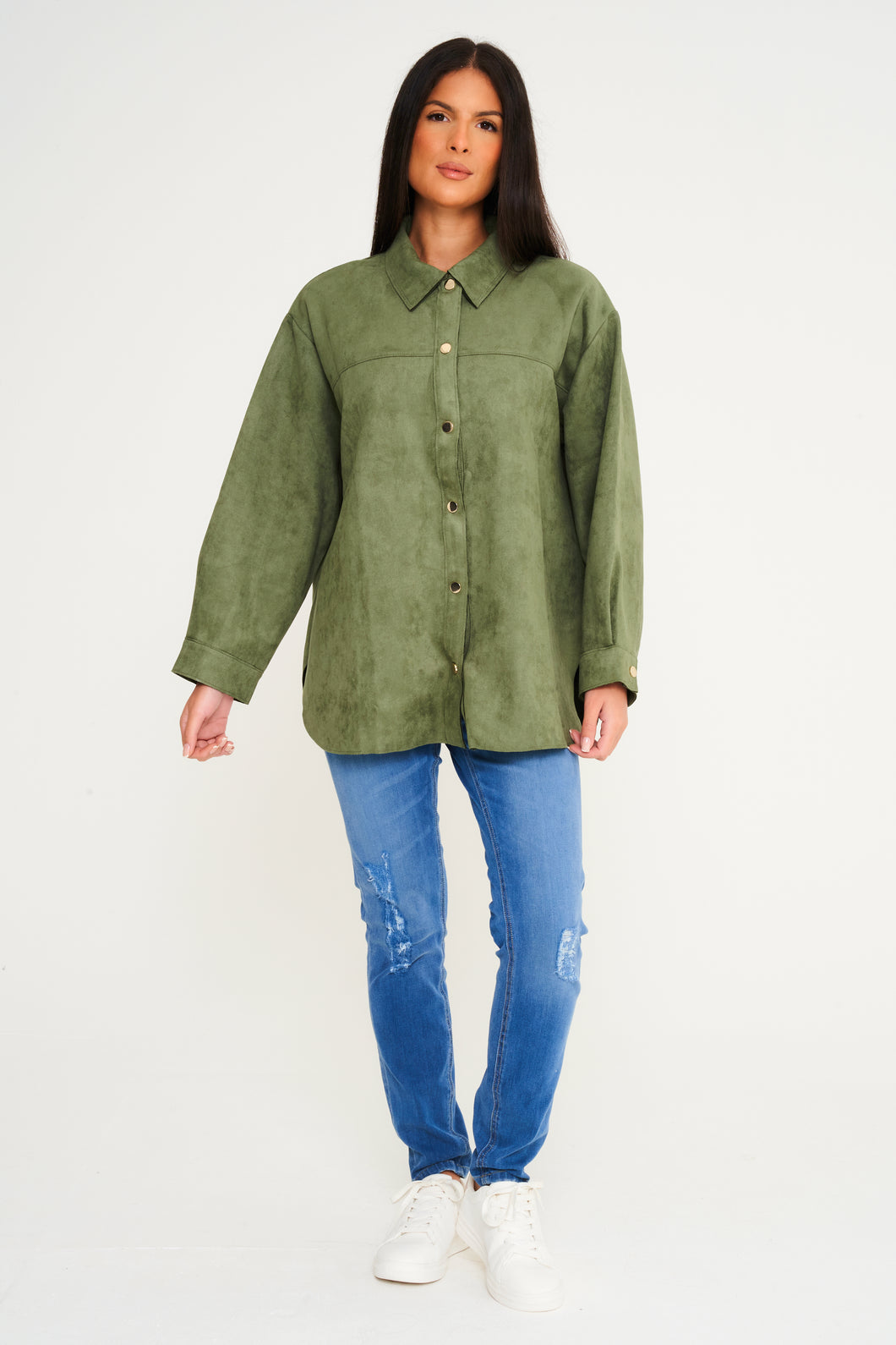 Elle Ladies Plus Size Faux Suede Shacket in Khaki RRP £99