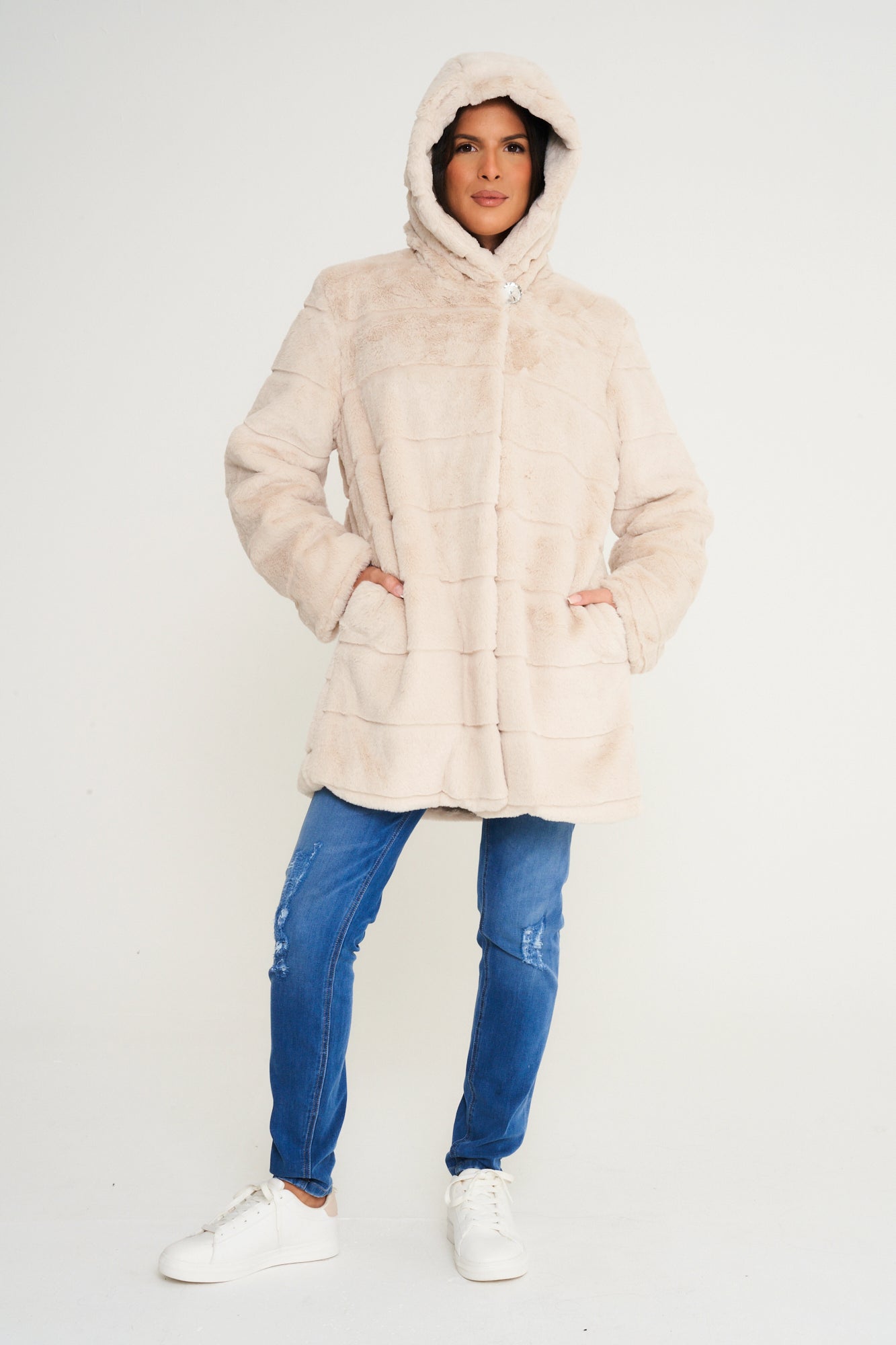 Elle Ladies hooded Faux Fur Coat in Cream RRP £229