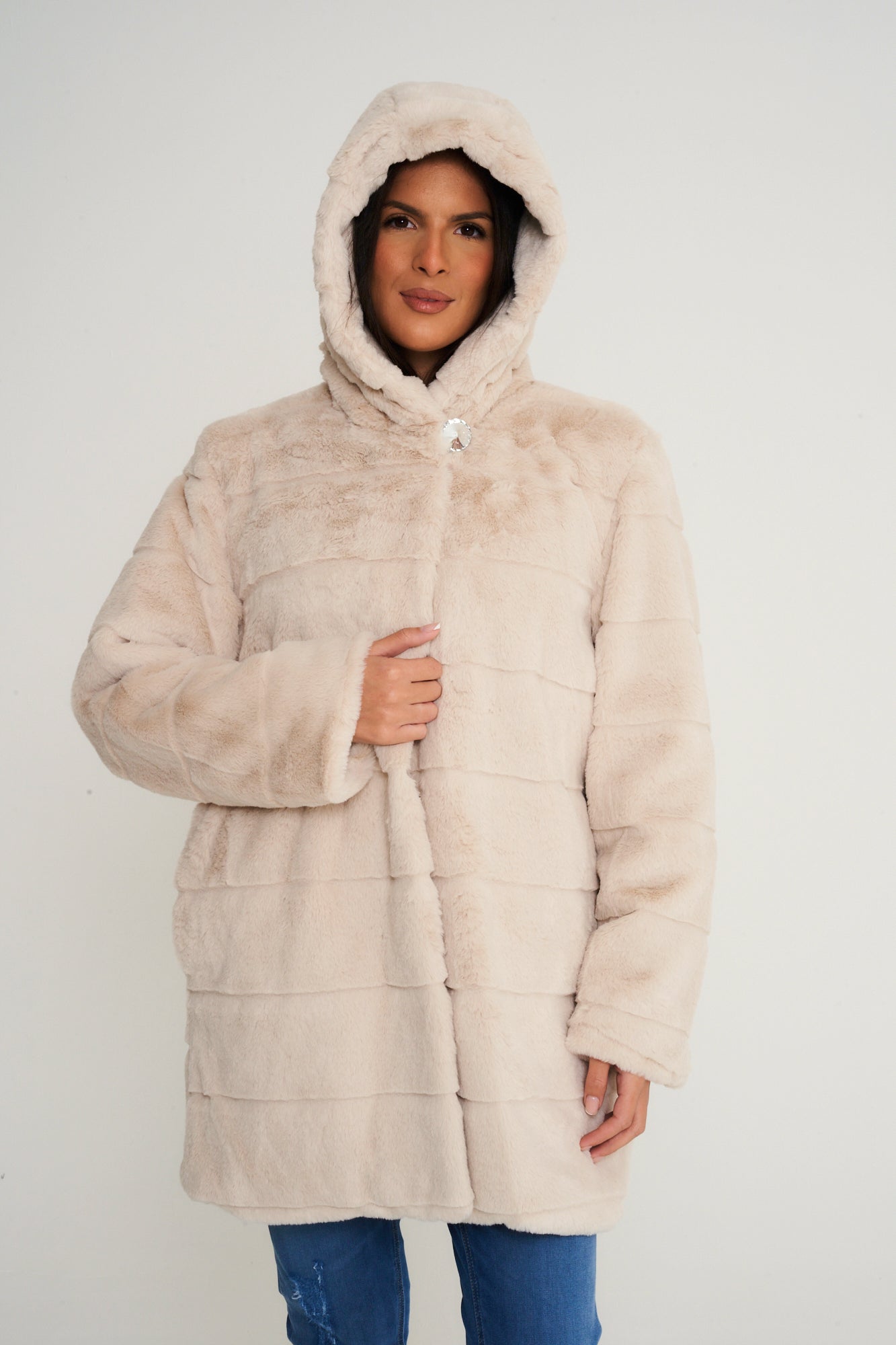 Elle Ladies hooded Faux Fur Coat in Cream RRP £229