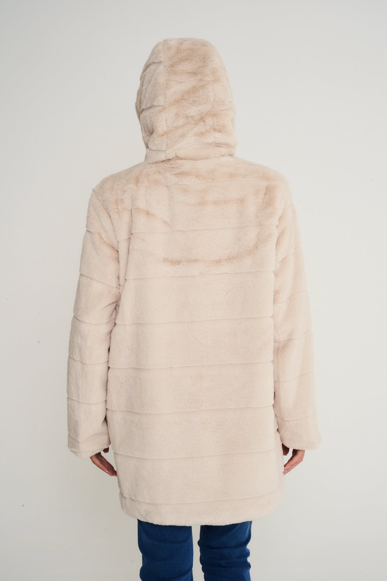 Elle Ladies hooded Faux Fur Coat in Cream RRP £229