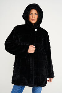 Elle Ladies hooded Faux Fur Coat in Black RRP £229