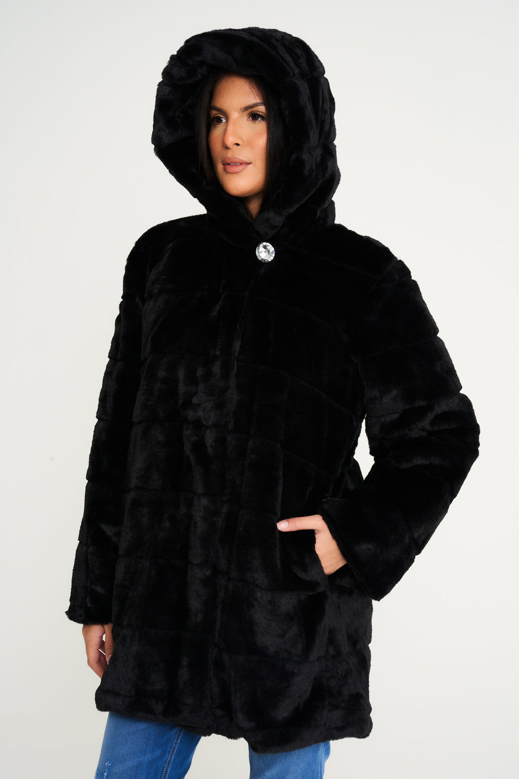 Elle Ladies hooded Faux Fur Coat in Black RRP £229