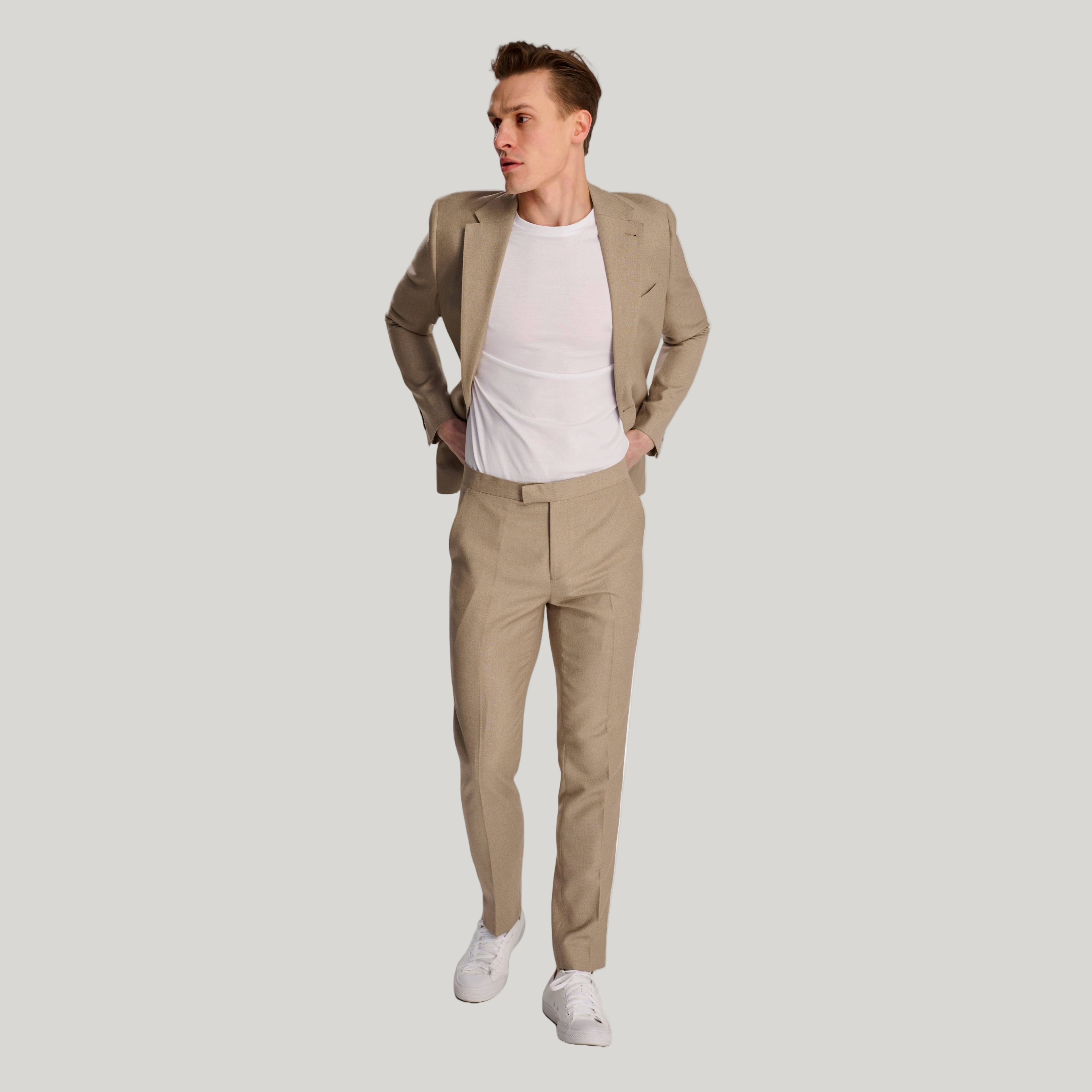 Archie Melange Slim Fit Suit Trousers in Beige RRP £65