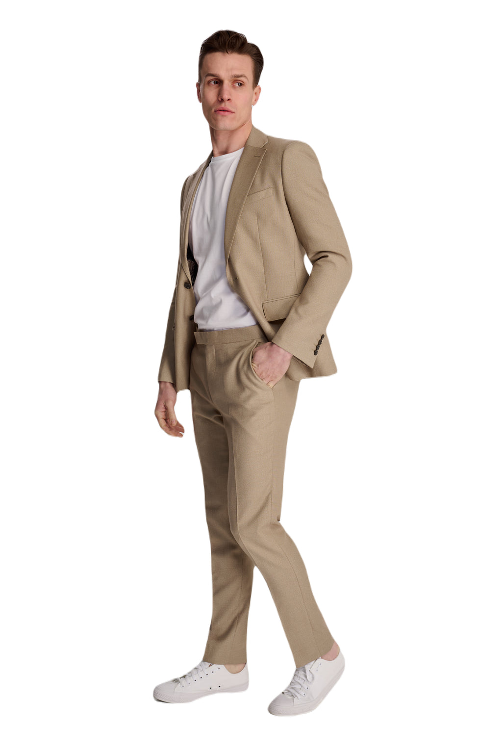 Archie Melange Slim Fit Suit Jacket in Beige RRP £119