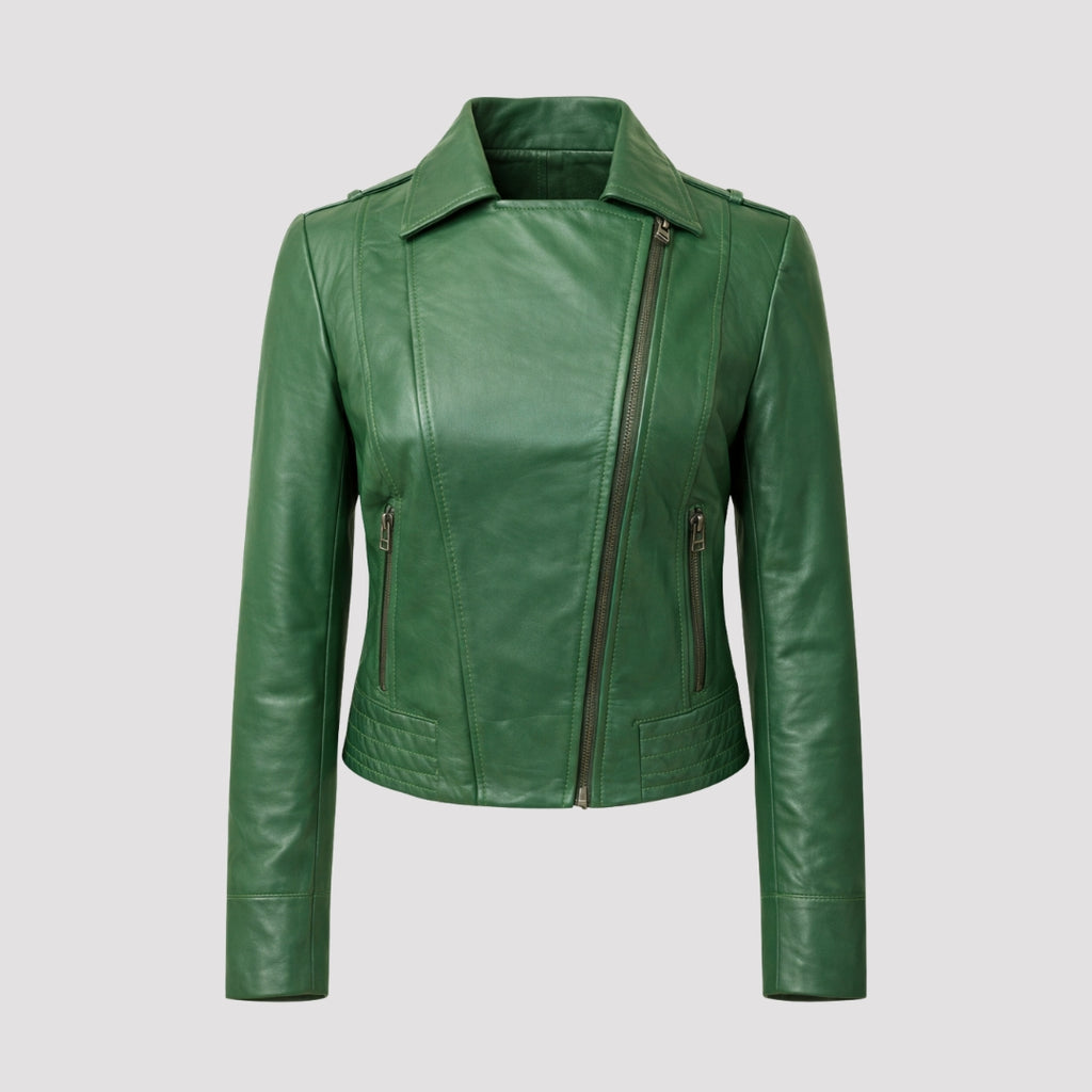 Elle Armin Leather Biker Jacket in Forest Green RRP £299