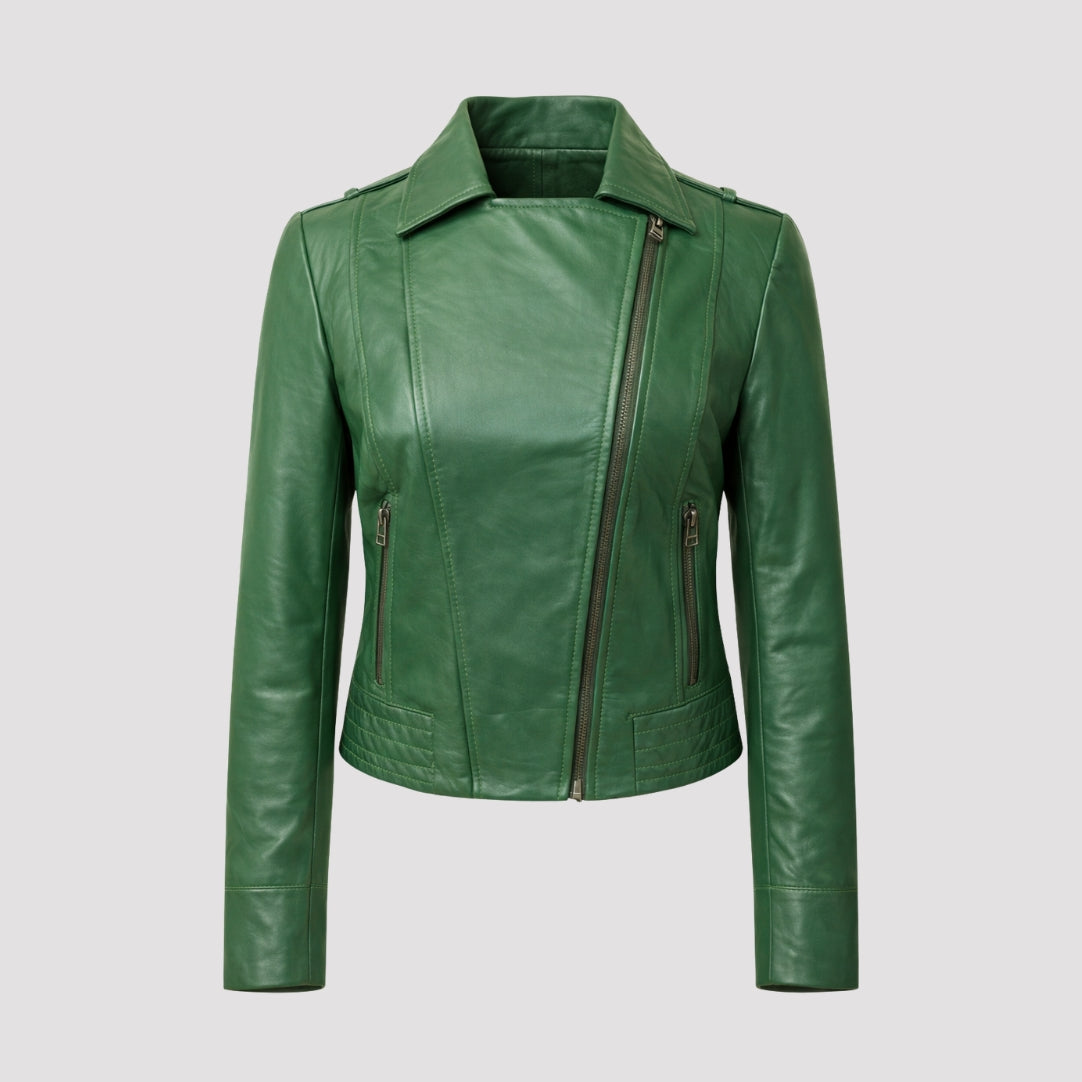 Elle Armin Leather Biker Jacket in Forest Green RRP £299