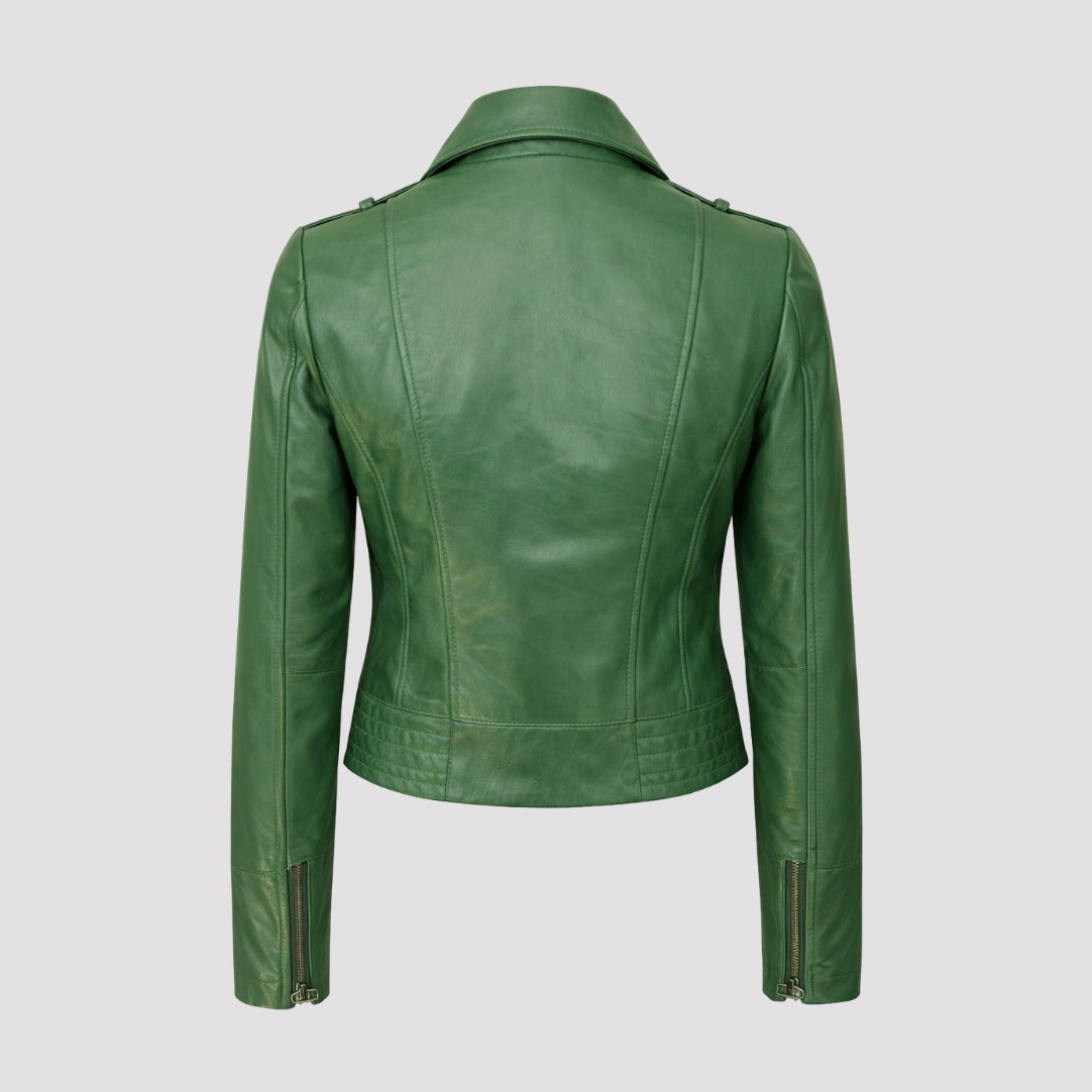 Elle Armin Leather Biker Jacket in Forest Green RRP £299