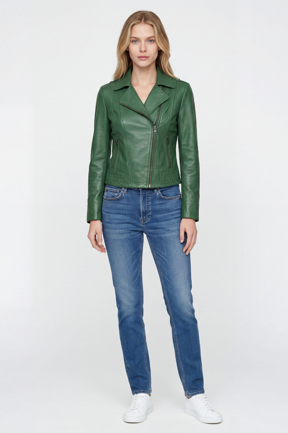 Elle Armin Leather Biker Jacket in Forest Green RRP £299