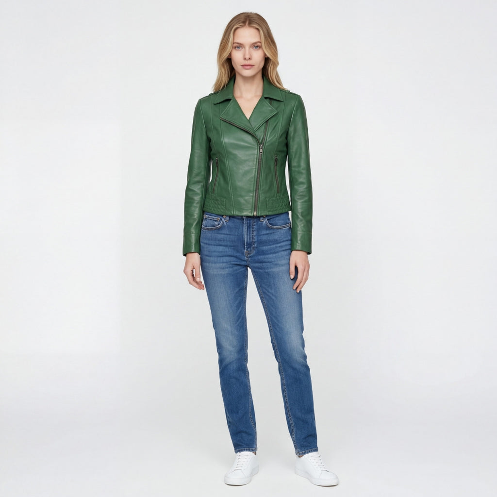 Elle Armin Leather Biker Jacket in Forest Green RRP £299