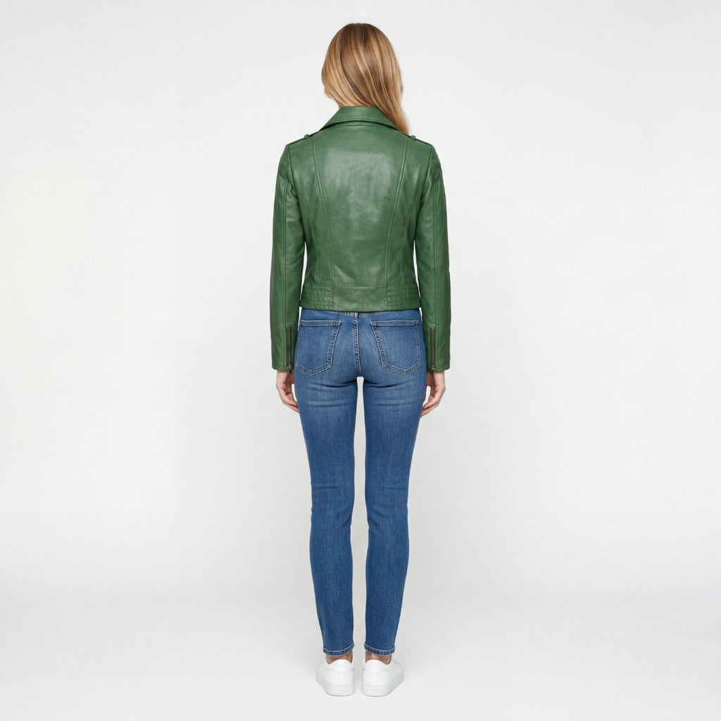 Elle Armin Leather Biker Jacket in Forest Green RRP £299