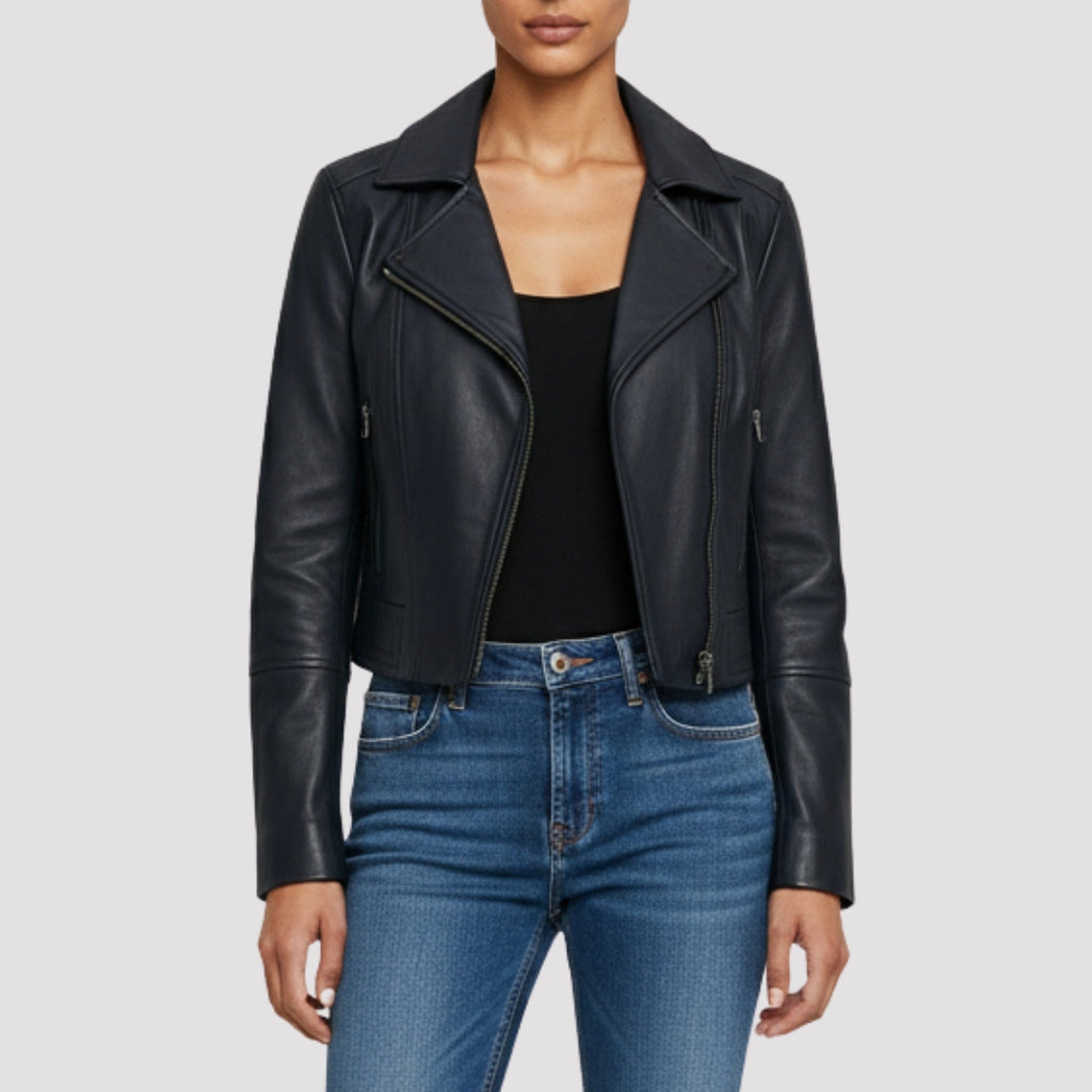 Elle Armin Leather Biker Jacket in Blue RRP £299