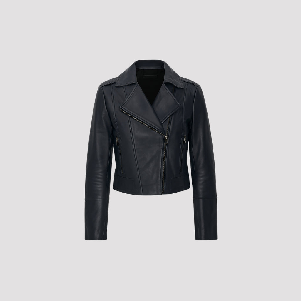 Elle Armin Leather Biker Jacket in Blue RRP £299