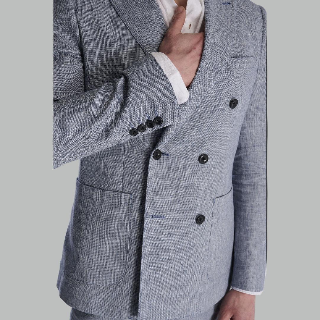 Giacomo Cotton Linen Double Breasted Suit Jacket in Chambray RRP £139