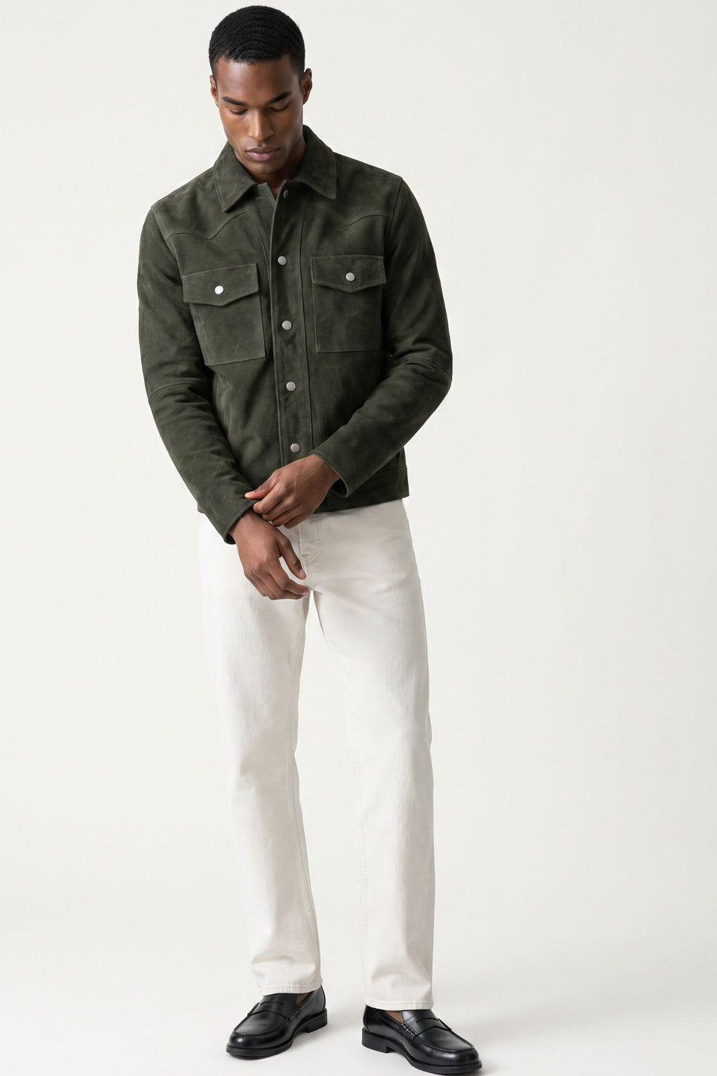 Leon Suede Shacket in Dark Olive RRP £199