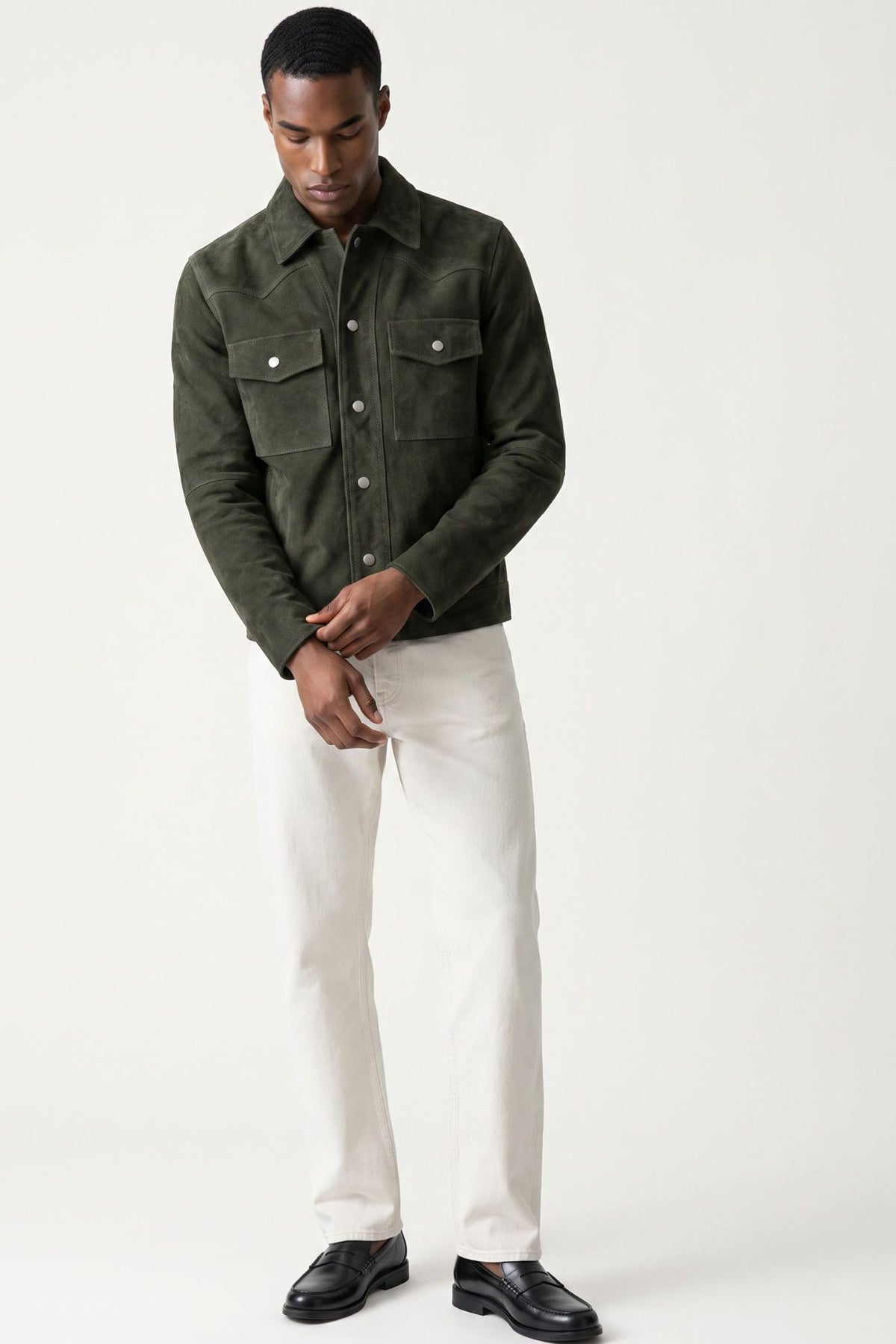 Leon Suede Shacket in Dark Olive RRP £199