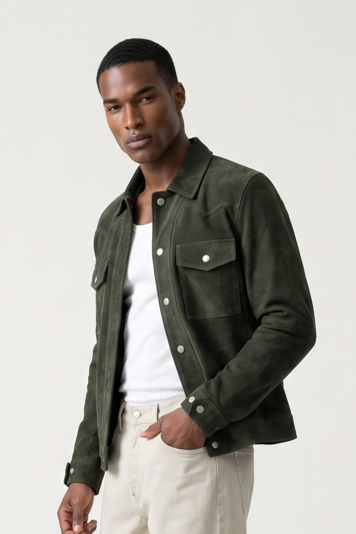 Leon Suede Shacket in Dark Olive RRP £199