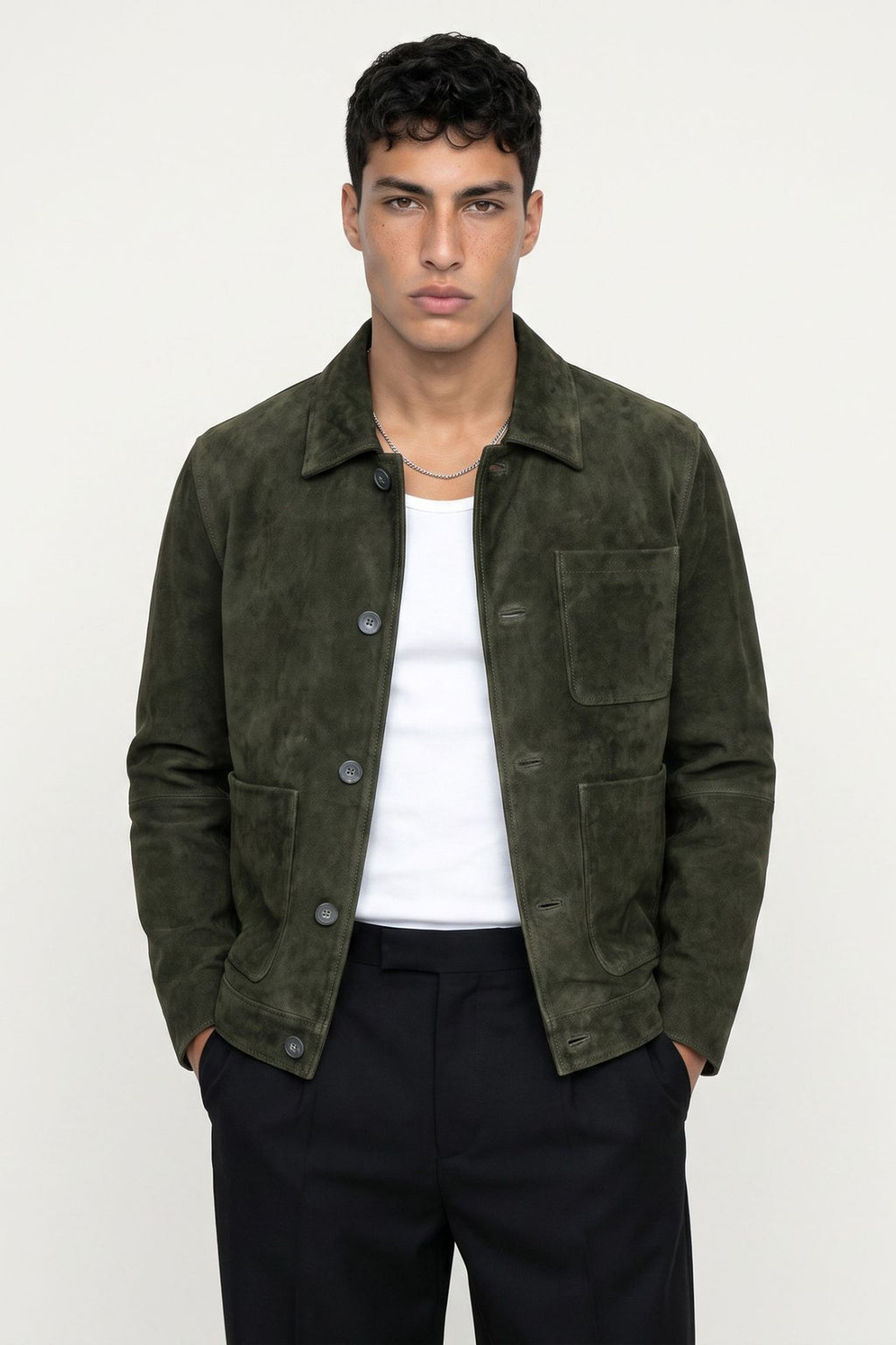 Soren Suede Trucker Jacket in Dark Olive RRP £199
