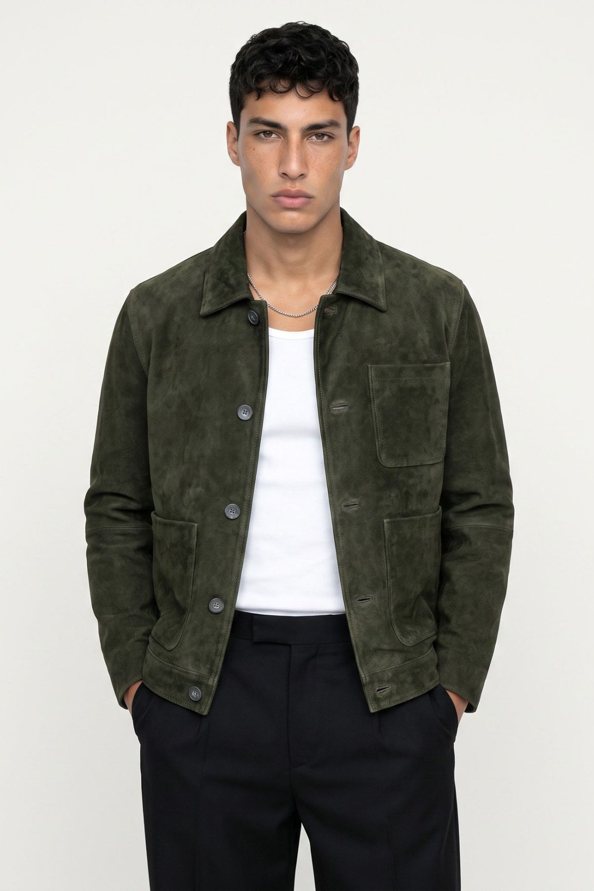 Soren Suede Trucker Jacket in Dark Olive RRP £199