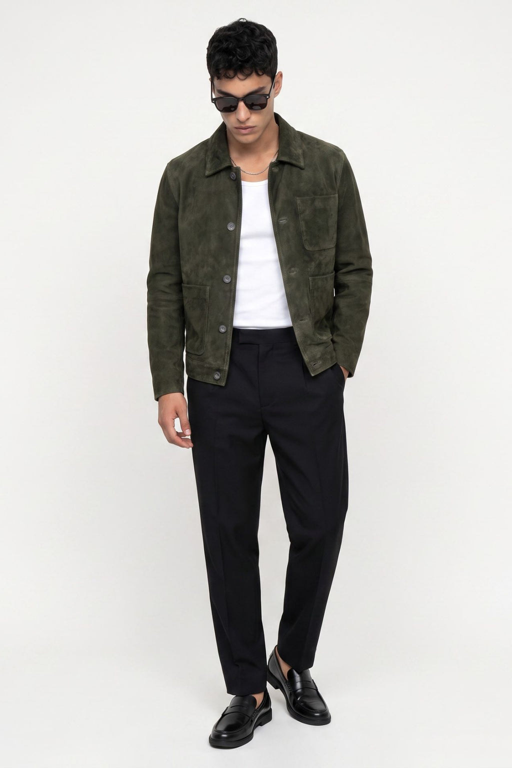 Soren Suede Trucker Jacket in Dark Olive RRP £199