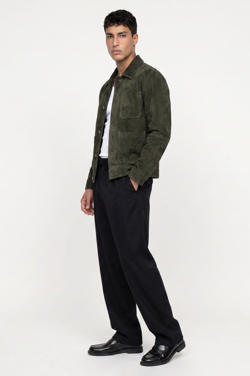 Soren Suede Trucker Jacket in Dark Olive RRP £199