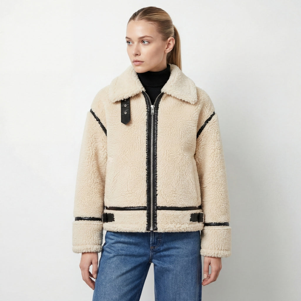 Elle Delia Cropped Faux-Shearling Aviator Jacket Beige RRP £279