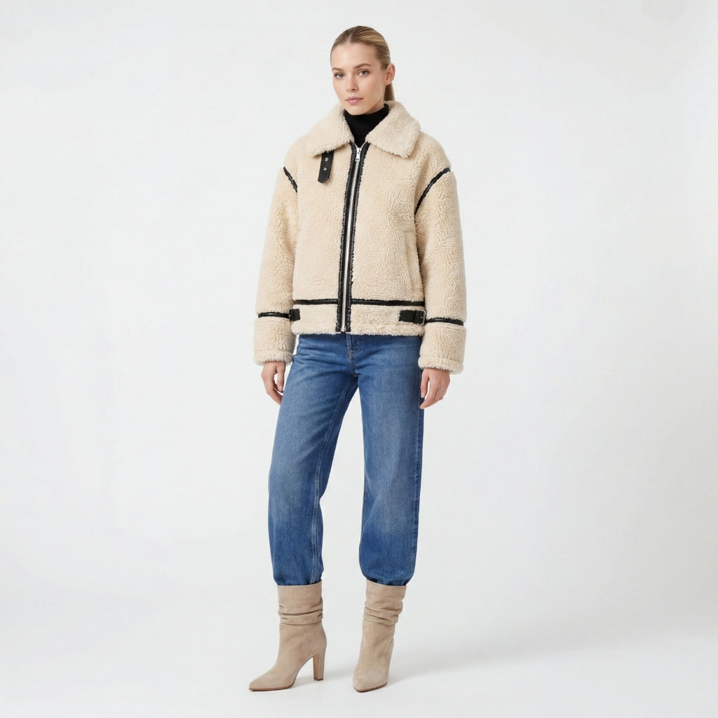 Elle Delia Cropped Faux-Shearling Aviator Jacket Beige RRP £279